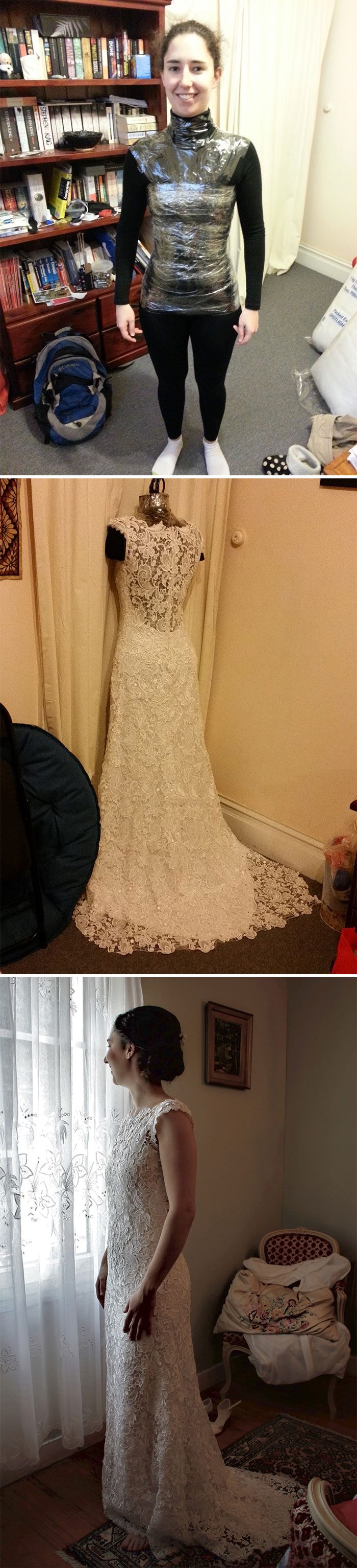 I Fell In Love With A Dress, But It Cost $2,200, So I Decided To Make The Same One Myself. I Used Scotch Tape And A T-Shirt To Make A Mannequin, And Bought 26 Ft Of Silk And Lace. Here’s The Result