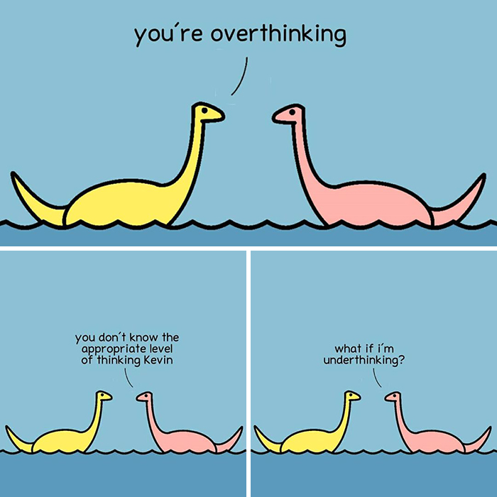 Dinosaur comic about overthinking 