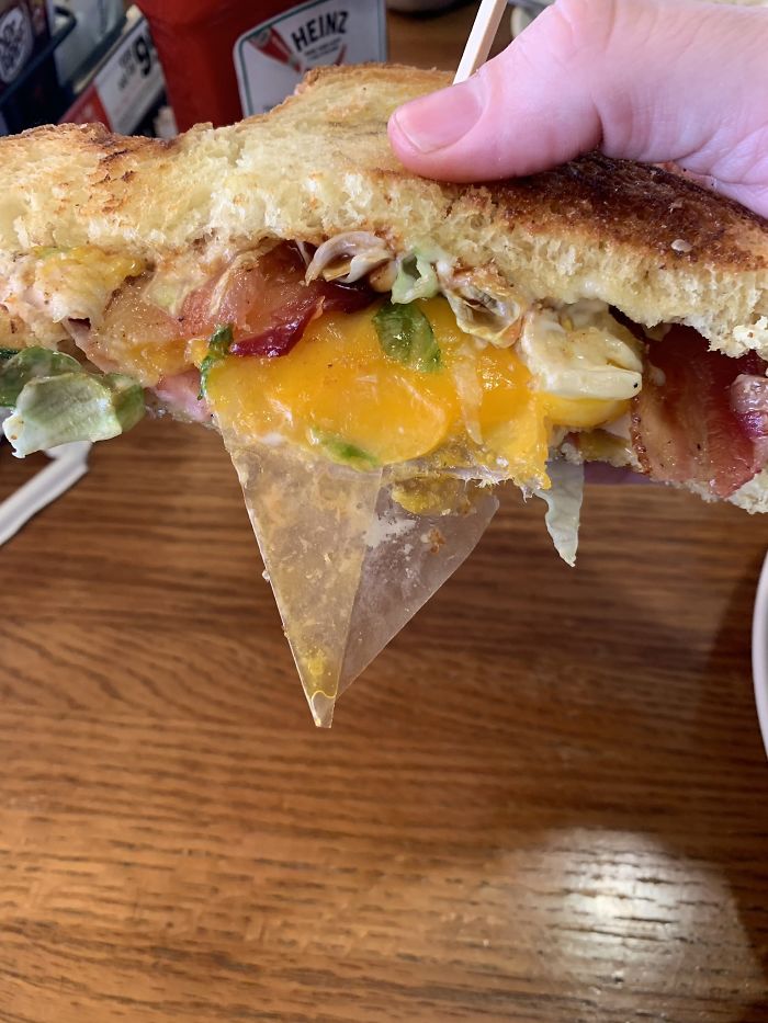 The Cook At Applebee's Forgot To Take The Plastic Off The Slice Of Cheese Before He Added It To My Wife's Sandwich