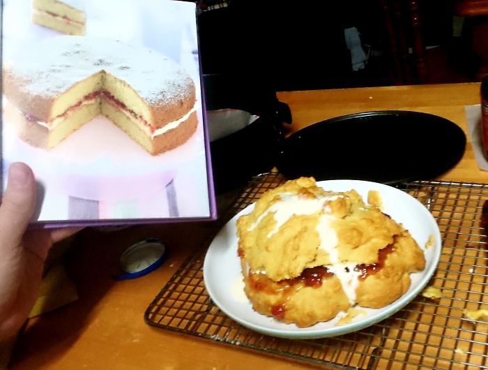 My Sisters Attempt At A Sponge Cake. Forgot To Add Sugar And Instead We Feasted On A Massive Scone