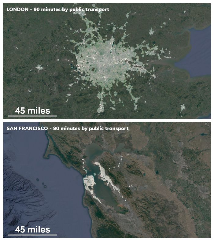 90 Minute Public Transit Commuter Zone For London vs. San Francisco