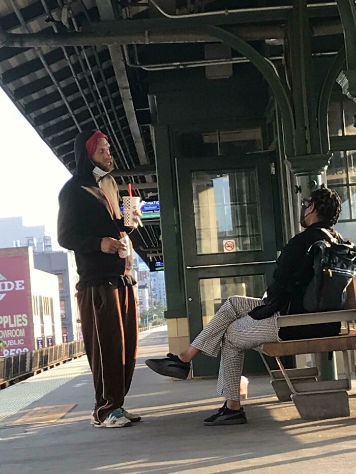 Awesome Lady (Bro) Giving Her Leftovers And Chatting With This Homeless Gentleman. He Was Extremely Thankful For The Food And Her Friendliness