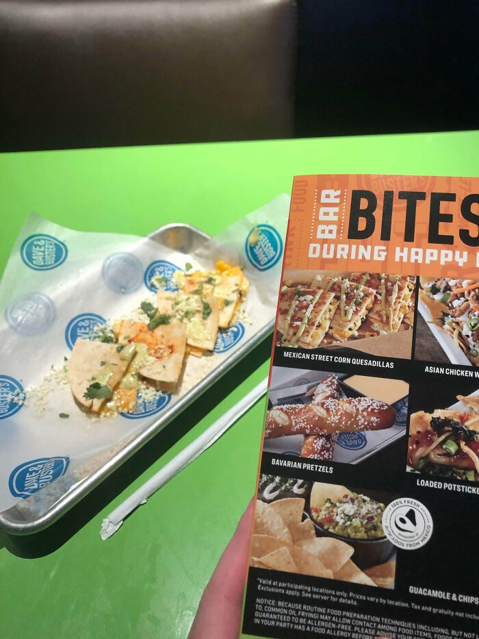 We Were Expecting Four Mini Quesadillas, But We Got Four Tortilla Chips With Melted Cheese