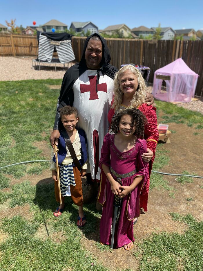 My Parents Made A Renaissance Fair For My Kids In A Back Yard Because It Was Canceled This Year. We Made Turkey Legs, Funnel Cakes, Bobbed For Apples, Live Music Etc