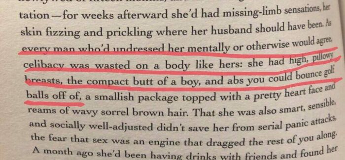 Book page with a paragraph describing woman body 