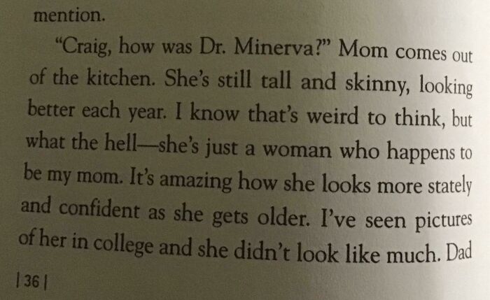 Book page with a paragraph describing son talking about his moms' appearance 