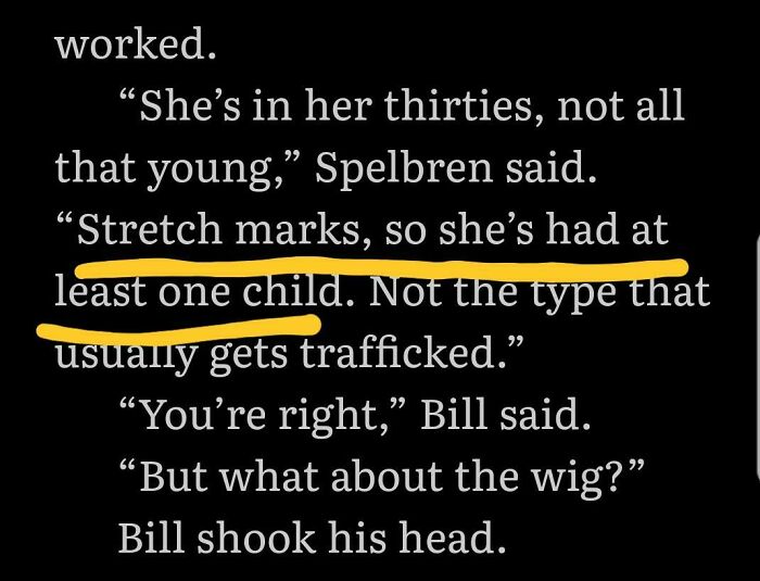 Book page with a paragraph describing woman with stretch marks 