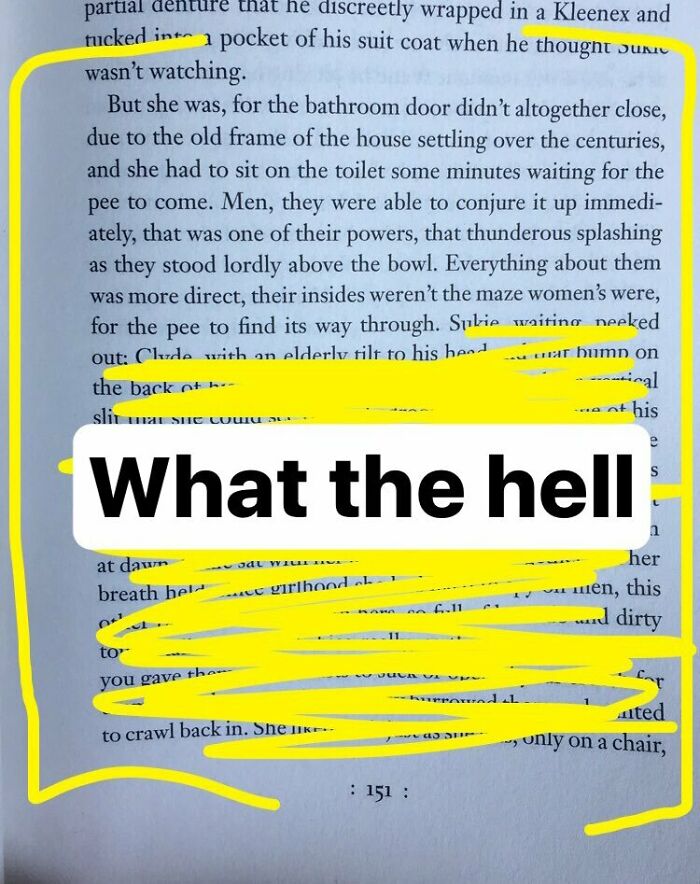 Book page with a paragraph describing woman trying to pee