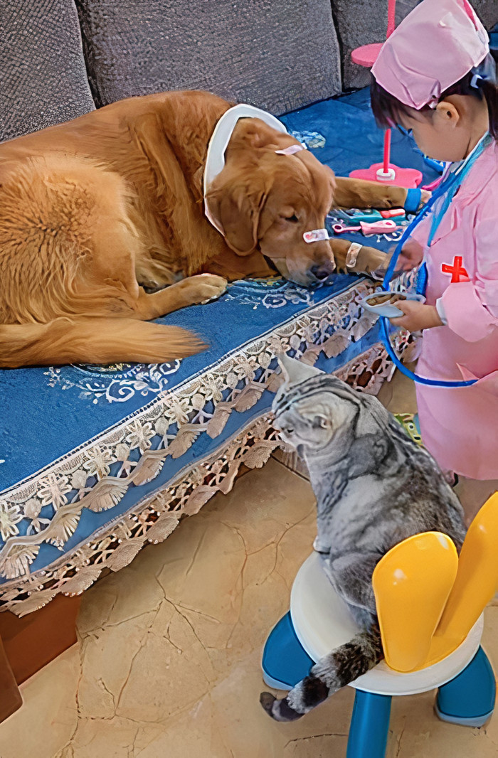 Watch Little Girl Get Ready For A Nap With Her Golden Retriever Dabao And Cat Motor