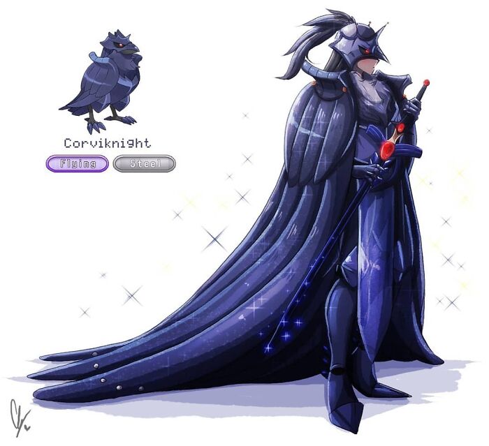 Wheelchair-bound artist's humanized drawing of Pokémon Corviknight, showcasing a medieval knight design in blue armor.