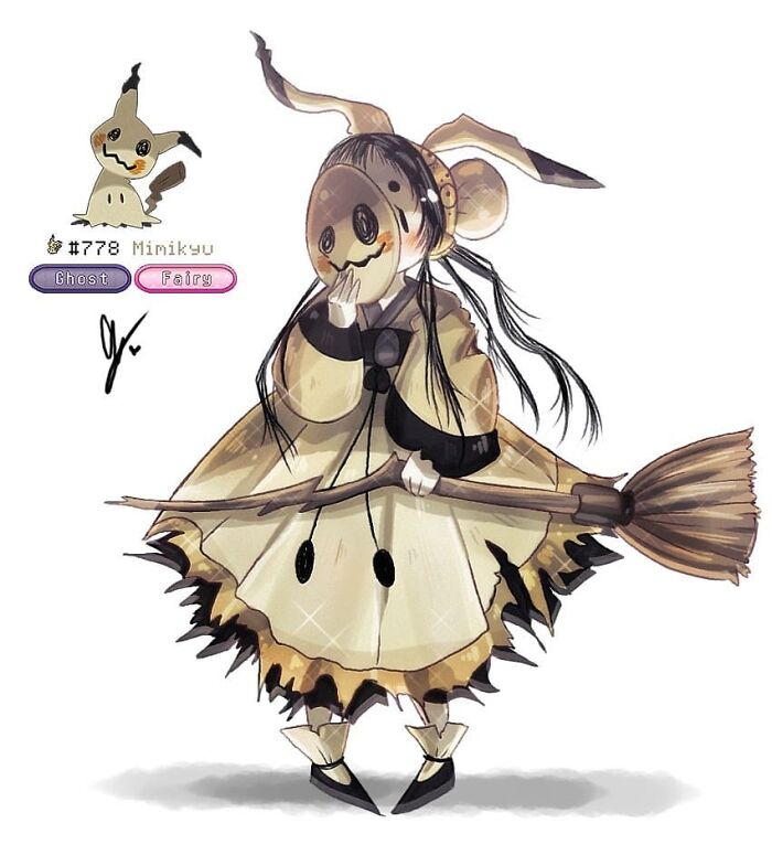 Wheelchair-bound artist's humanized Pokémon art featuring a Mimikyu-inspired character in a witch-like costume.