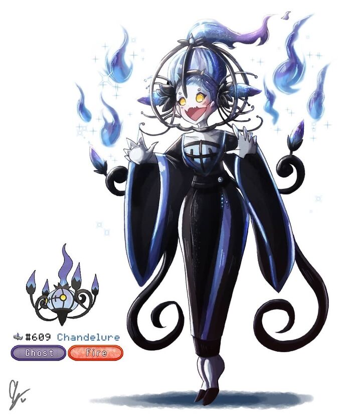 Artistic portrayal of Chandelure as a human character, featuring ghostly flames and dark attire, by a talented wheelchair-bound artist.
