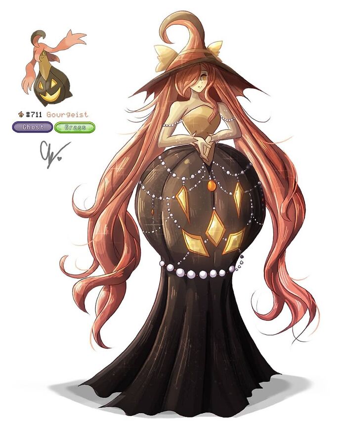 Wheelchair-bound artist's human version of Gourgeist from Pokémon, featuring long hair and a decorative outfit.