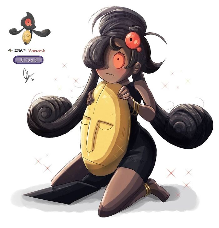 Wheelchair-bound artist's humanized Pokémon depiction features a character with long hair and mask, inspired by Yamask.