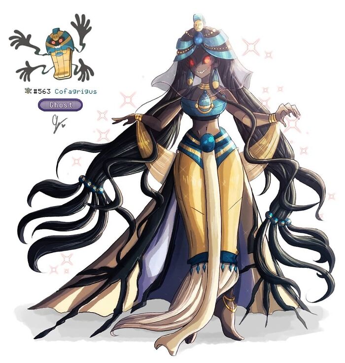 Wheelchair-bound artist's human depiction of Ghost Pokémon Cofagrigus with Egyptian-inspired attire and long dark hair.