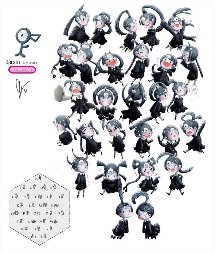Wheelchair-bound artist's human-like Pokémon drawings, showcasing 26 Unown designs in black outfits.