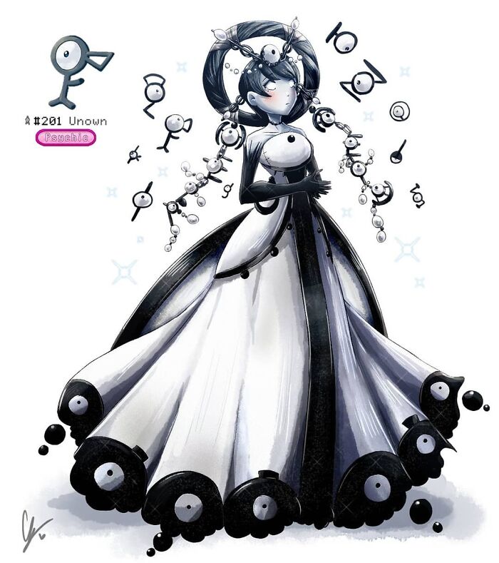 Wheelchair-bound artist's interpretation of Pokémon Unown as a human, adorned in a monochrome dress with symbolic elements.