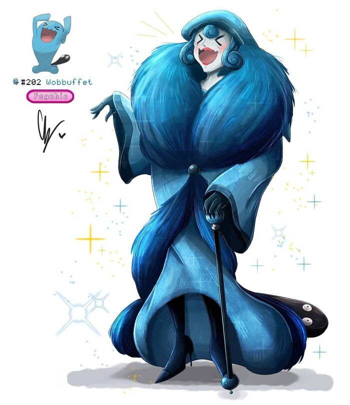 Wheelchair-bound artist's depiction of Pokémon Wobbuffet as a glamorous human in a blue fur coat and hat.