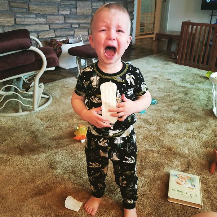 He Does Not Want Me To Take His "Sticker" Away. At Least It Might Absorb The Tears