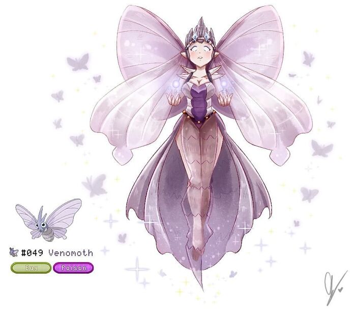 Wheelchair-bound artist's depiction of Venomoth as a human, featuring elegant wings and a vibrant outfit.