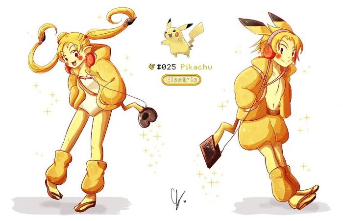 Humanized Pikachu illustration by wheelchair-bound artist, depicting electric-themed characters in yellow outfits with headphones.