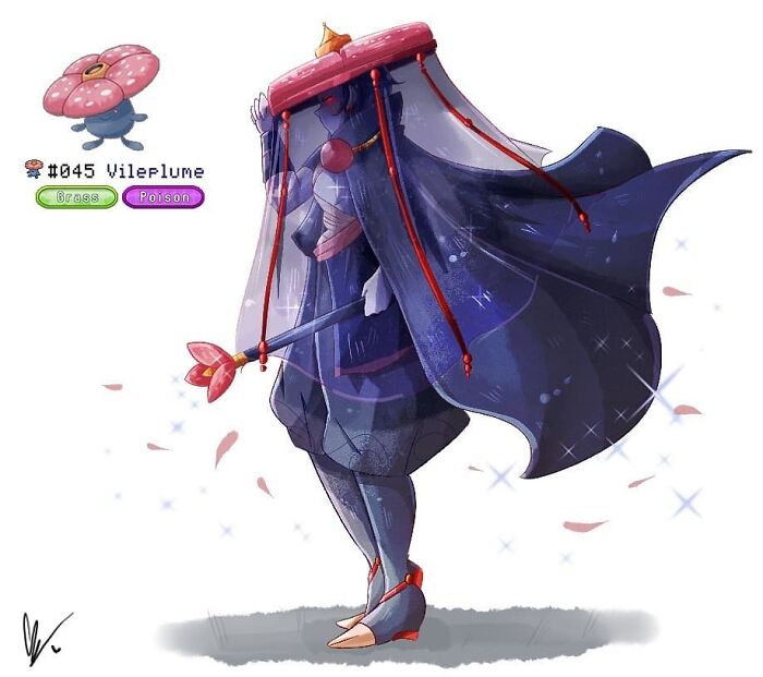 Artistic humanized version of Vileplume, a Grass and Poison-type Pokémon, designed with a blue and red color scheme.