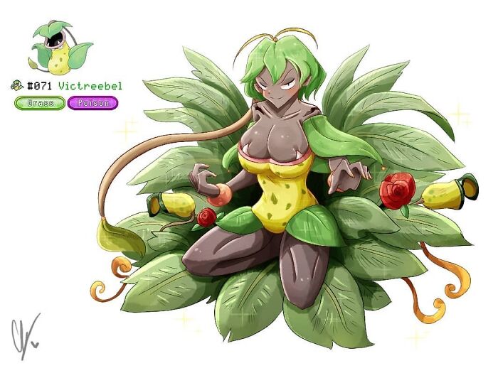 Humanized Pokémon artwork of Victreebel, featuring green plant elements and vibrant colors.