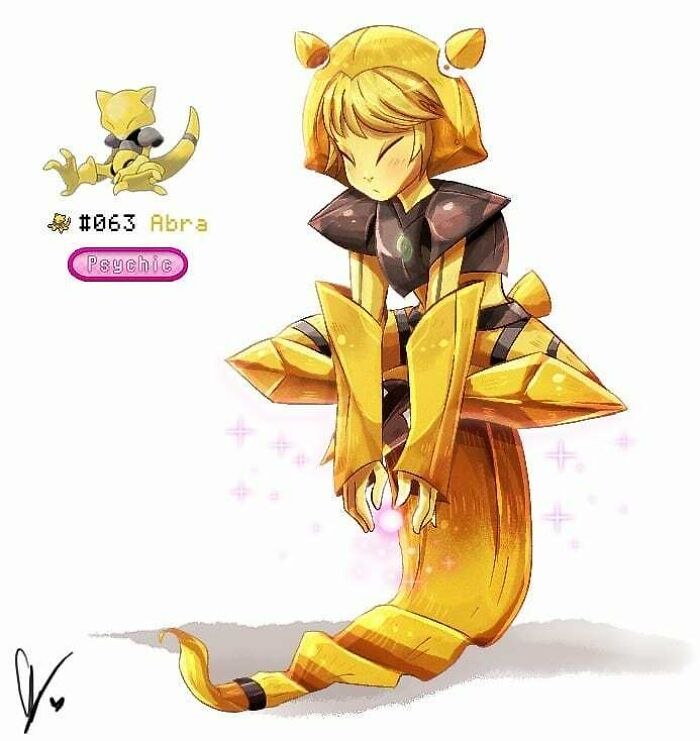 Humanized Abra Pokémon art by a wheelchair-bound artist, featuring psychic elements and golden hues.