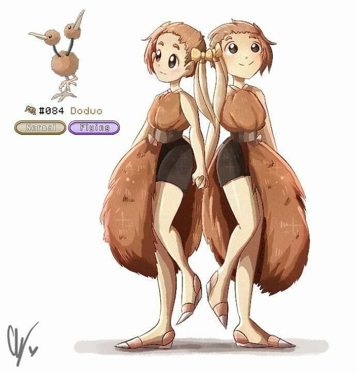 Artwork of Doduo as human characters, drawn by wheelchair-bound artist, showcasing creativity and transformation.