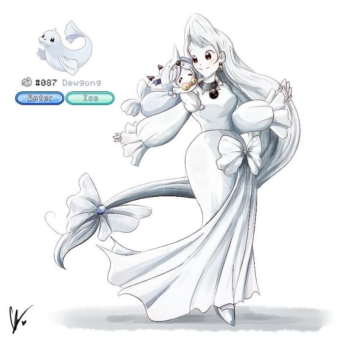 Humanized artistic version of Pokémon Dewgong, wearing an elegant ice-themed gown, illustrated by a talented wheelchair-bound artist.