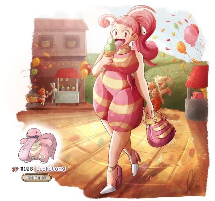 Wheelchair-bound artist's portrayal of Lickitung as a human enjoying an ice cream in a colorful setting.