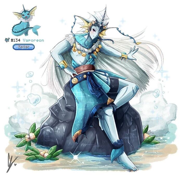 Humanized Vaporeon artwork by a wheelchair-bound artist, depicting the Pokémon as an elegant figure seated on rocks.