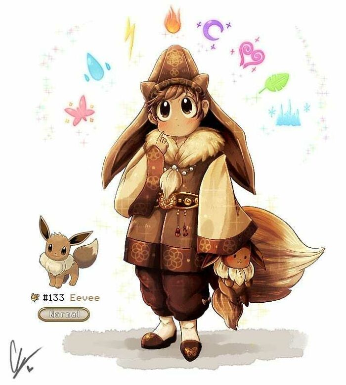 Humanized Eevee in fantasy attire, featuring brown cloak, fur trim, and fox tail, surrounded by elemental symbols.