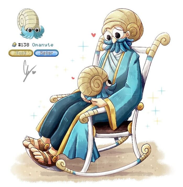Artist's human version of Omanyte in blue robe, sitting on a rocking chair, holding a smaller Omanyte, showcasing creativity.