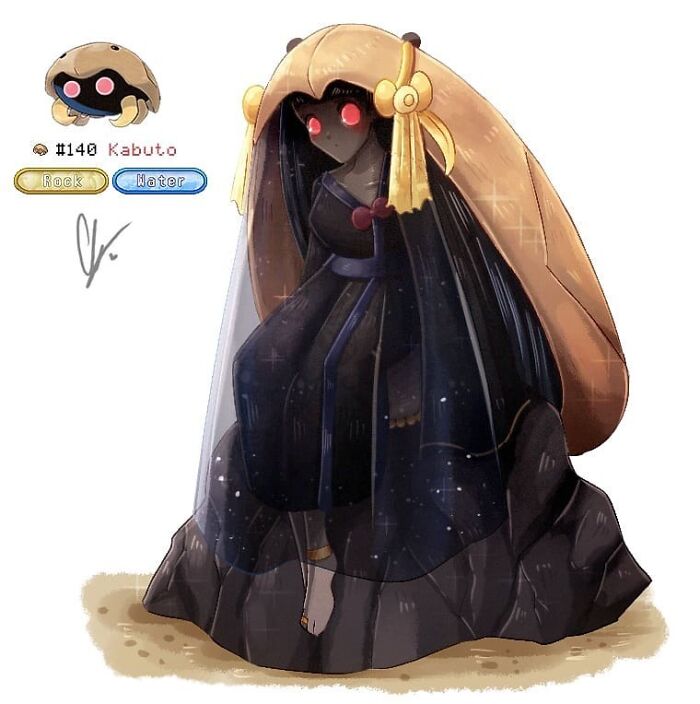 Humanized Pokémon art of Kabuto, depicting it as a mysterious figure in a hooded cloak with glowing red eyes.