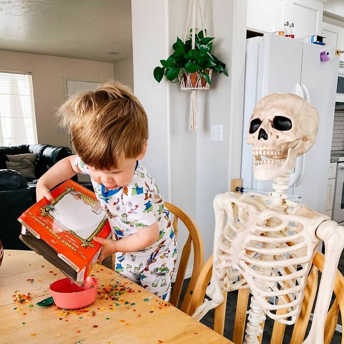 Toddler Befriends A Creepy Skeleton His Parents Got As A Halloween Decoration, Even Has It Watch Over Him As He Sleeps