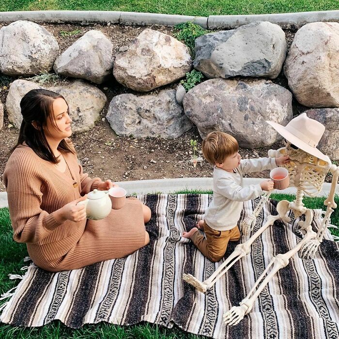 Toddler Befriends A Creepy Skeleton His Parents Got As A Halloween Decoration, Even Has It Watch Over Him As He Sleeps