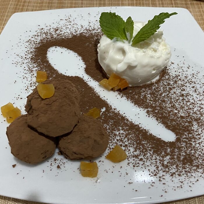 Made Some Dark Chocolate Truffles Filled With Apricot, And Paired Them With Greek Sorbet : )