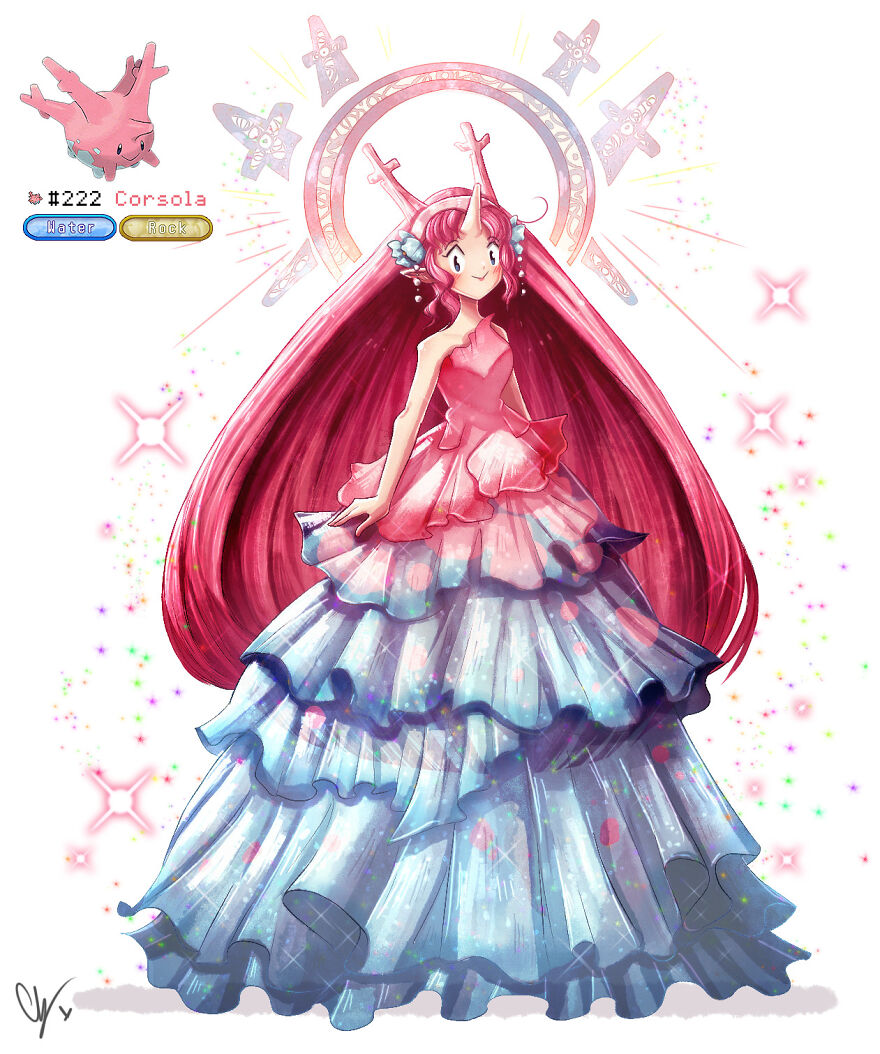 Human-like character inspired by pink Pokémon Corsola, with vibrant pink hair and a layered gown.