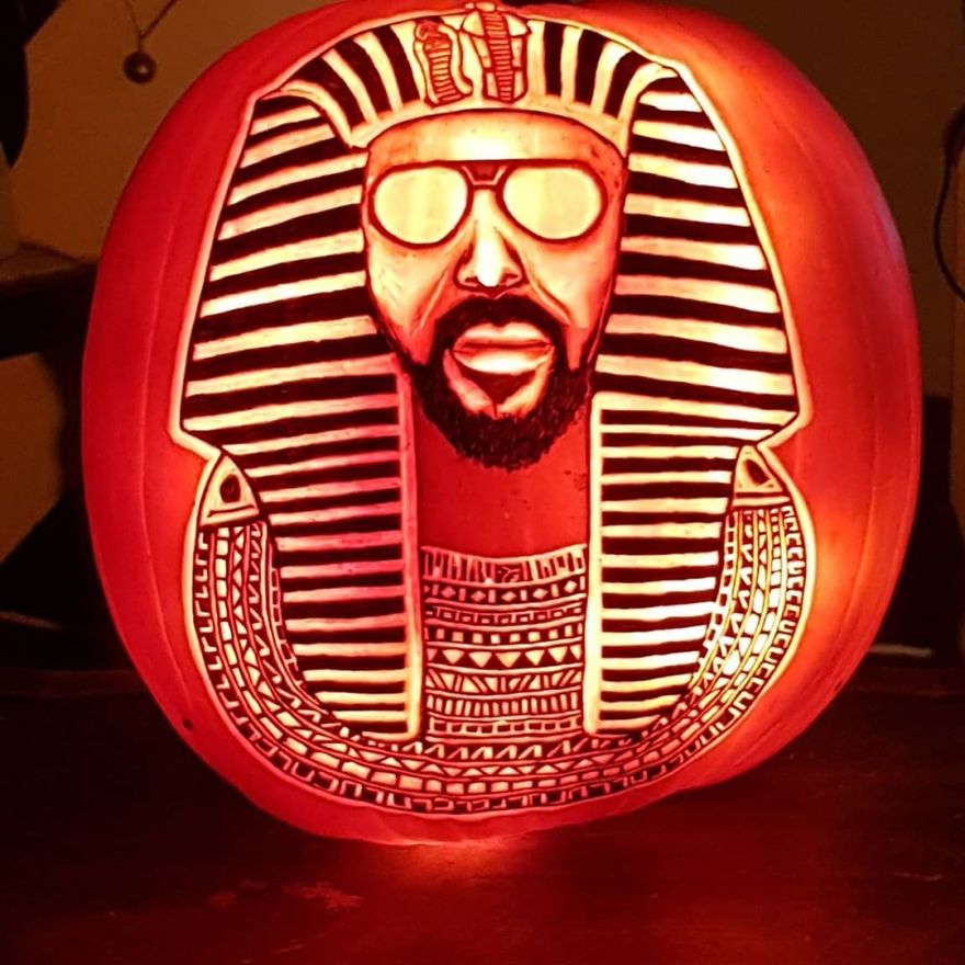 Elaborate pumpkin carving featuring a pharaoh with sunglasses, showcasing pumpkin carving tips and hacks. Elaborate pumpkin carving featuring a pharaoh with sunglasses, showcasing pumpkin carving tips and hacks.