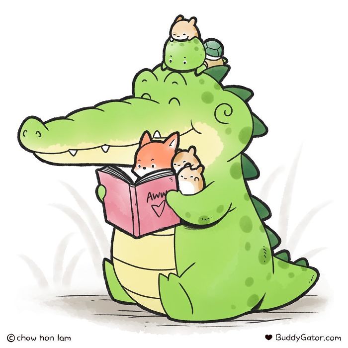 Sweet alligator reading a book with his best buddies, including a fox and small animals, in a charming comic style.