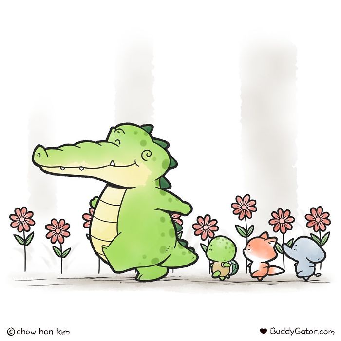 A sweet alligator walking happily with his best buddies, a turtle, a fox, and an elephant among flowers.