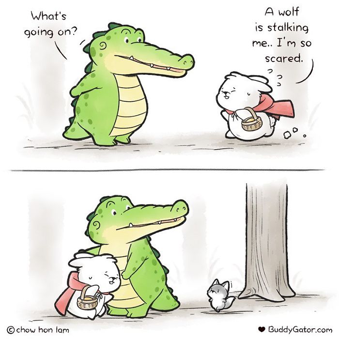 Sweet alligator comforting scared bunny in new comics showing adventures with best buddies.