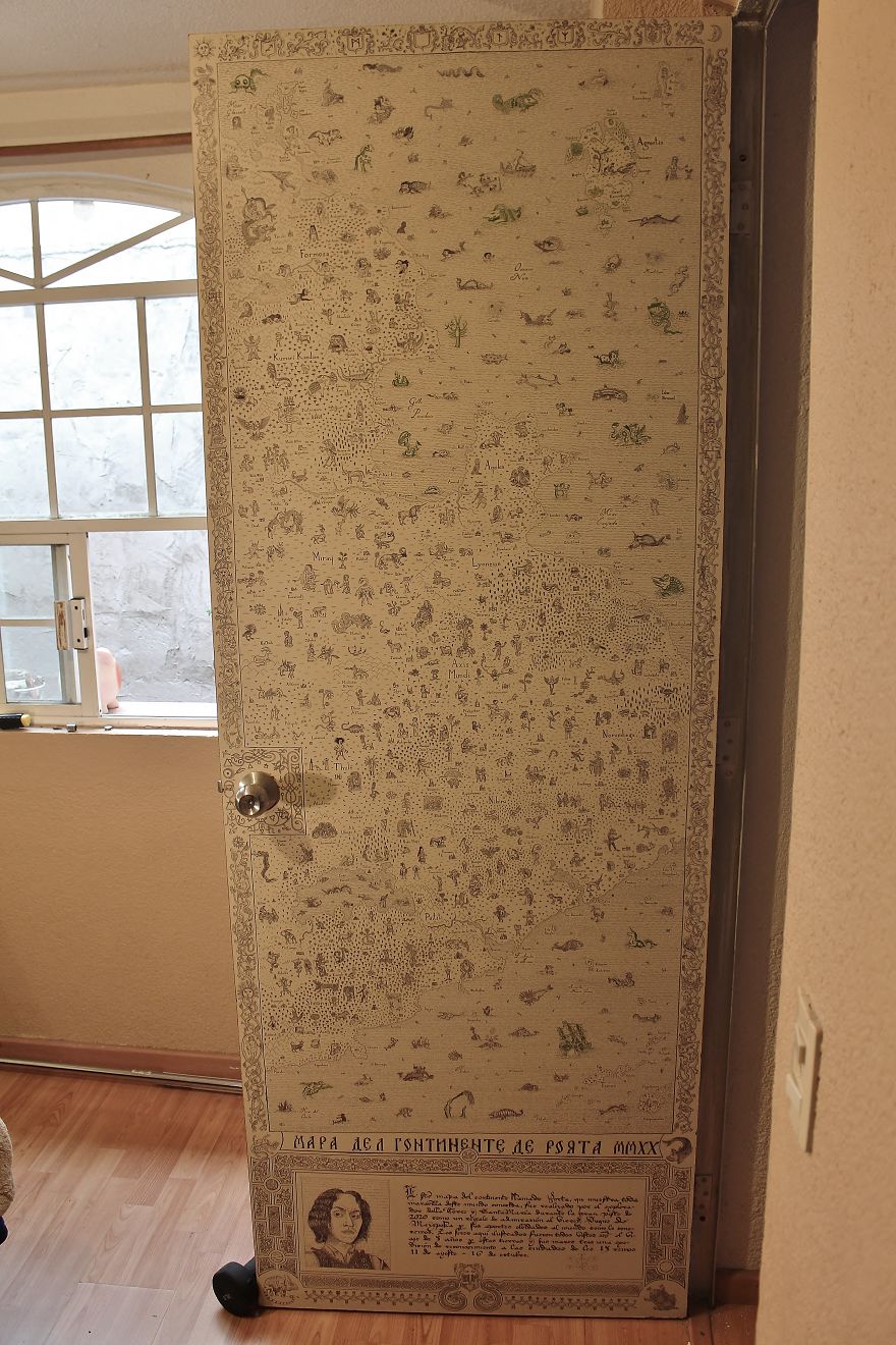 Quarantine Project: I Spent 3 Months Drawing A Mythological Medieval World Map On My Door (13 Pics)