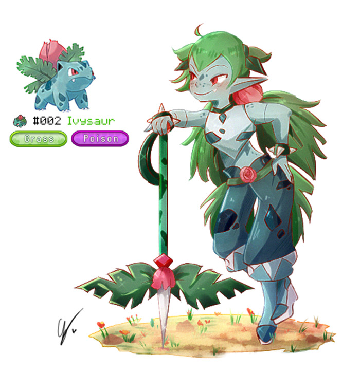 Humanized Ivysaur character art by wheelchair-bound artist, featuring green hair and plant-themed attire.