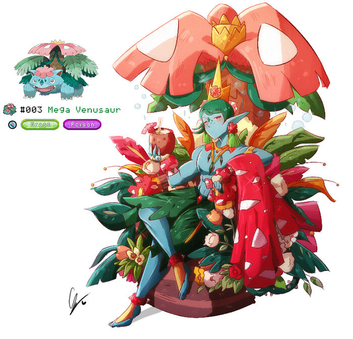 Humanized Mega Venusaur artwork by a wheelchair-bound artist, depicting a colorful and imaginative transformation.