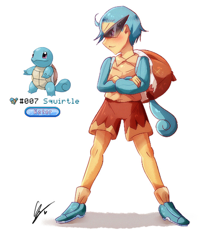 Humanized Squirtle illustration next to original Pokémon, created by a wheelchair-bound artist.