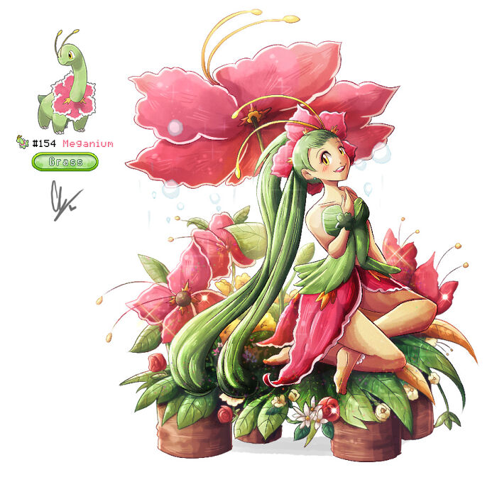 Wheelchair-bound artist's humanized Meganium, featuring lush green hair and pink floral attire surrounded by vibrant flowers.