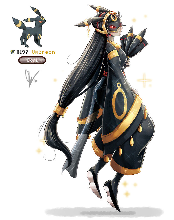 Wheelchair-bound artist's humanized Pokémon, Umbreon, dressed in elegant black and gold attire, exuding a mysterious aura.