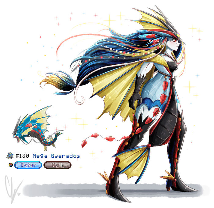 Humanized Mega Gyarados with vibrant colors and detailed features, inspired by wheelchair-bound artist's Pokémon challenge.